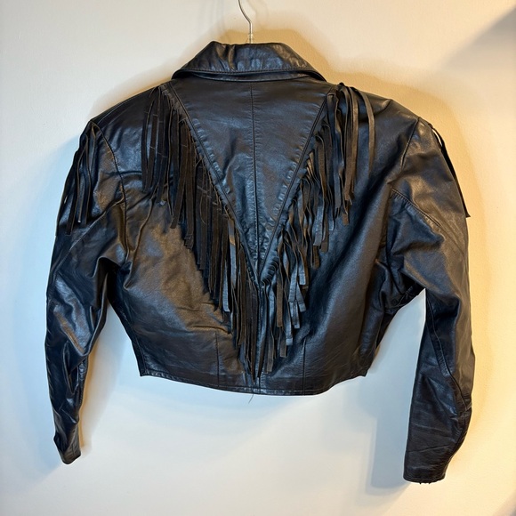 Don’t Stop Vintage Cropped Black Leather Jacket with Fringe Fringes Size S - Picture 2 of 10